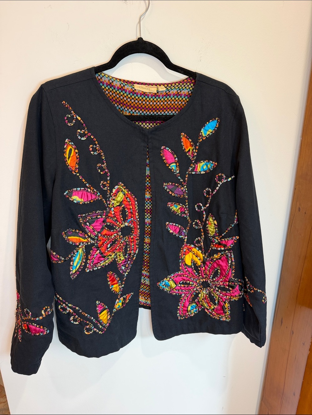 Vintage 90s Choices Black Jacket with Bright Floral Embroidery, XL
